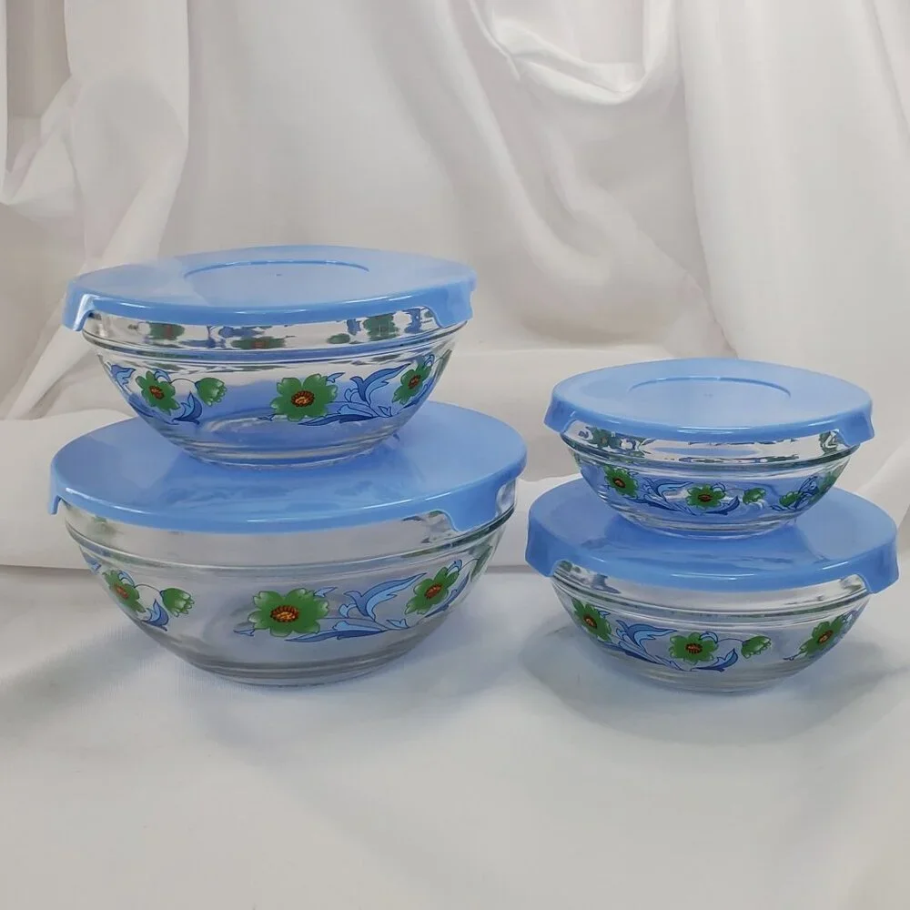 Vintage Imperial Glass Blue Green Flower Nesting Bowls Storage 1970's Set of 4 - Picture 2 of 14